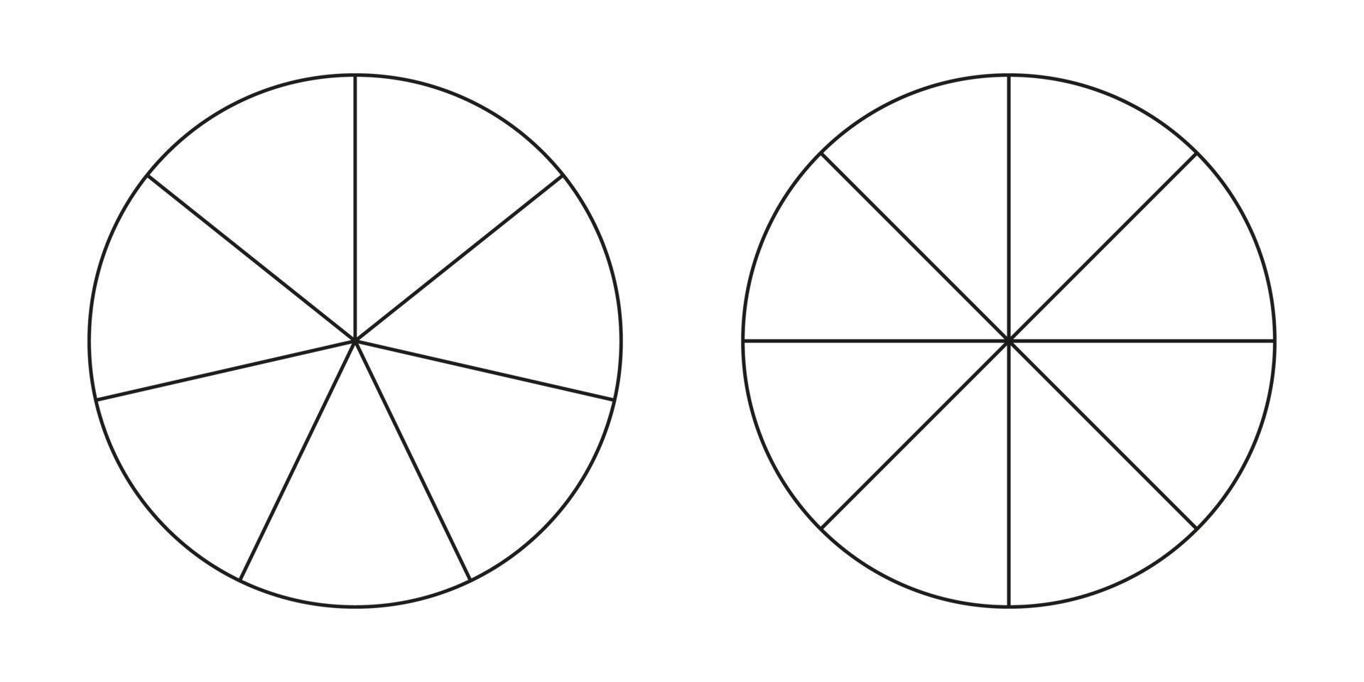 Pie chart, diagram set, seven and eight sections or steps. Circle icons for infographic, presentation, web design, user interface. Simple business chart. vector