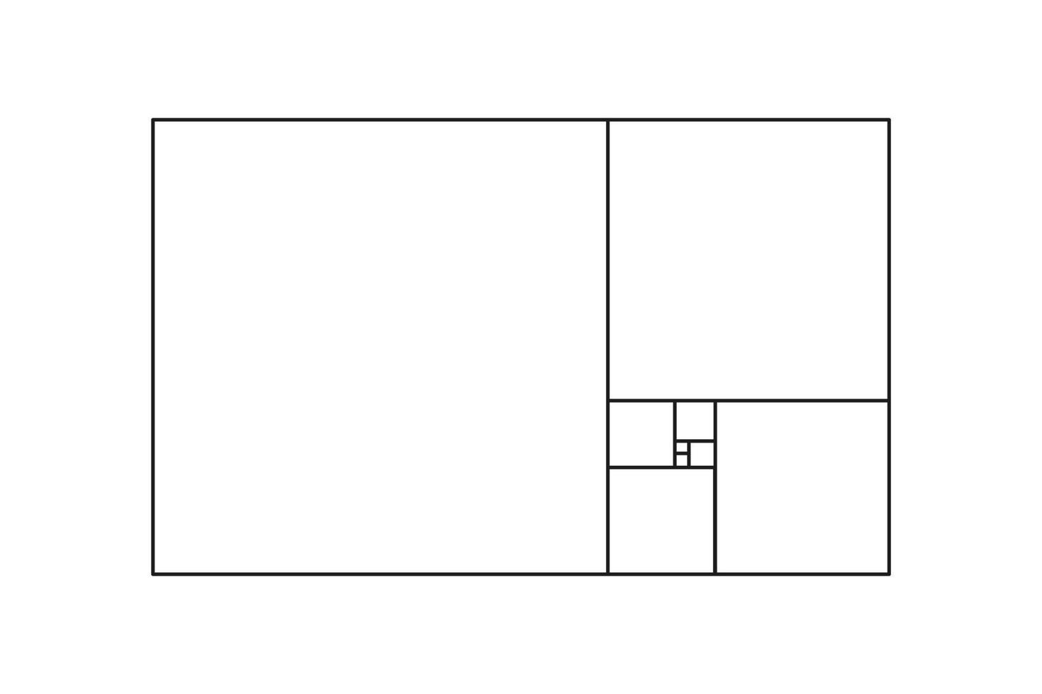 Golden ratio template. Divine, golden Proportion. Universal meanings. Metod golden section. Fibonacci array, numbers. Rectangle frame fracted squares. Photography harmony proportions template. vector