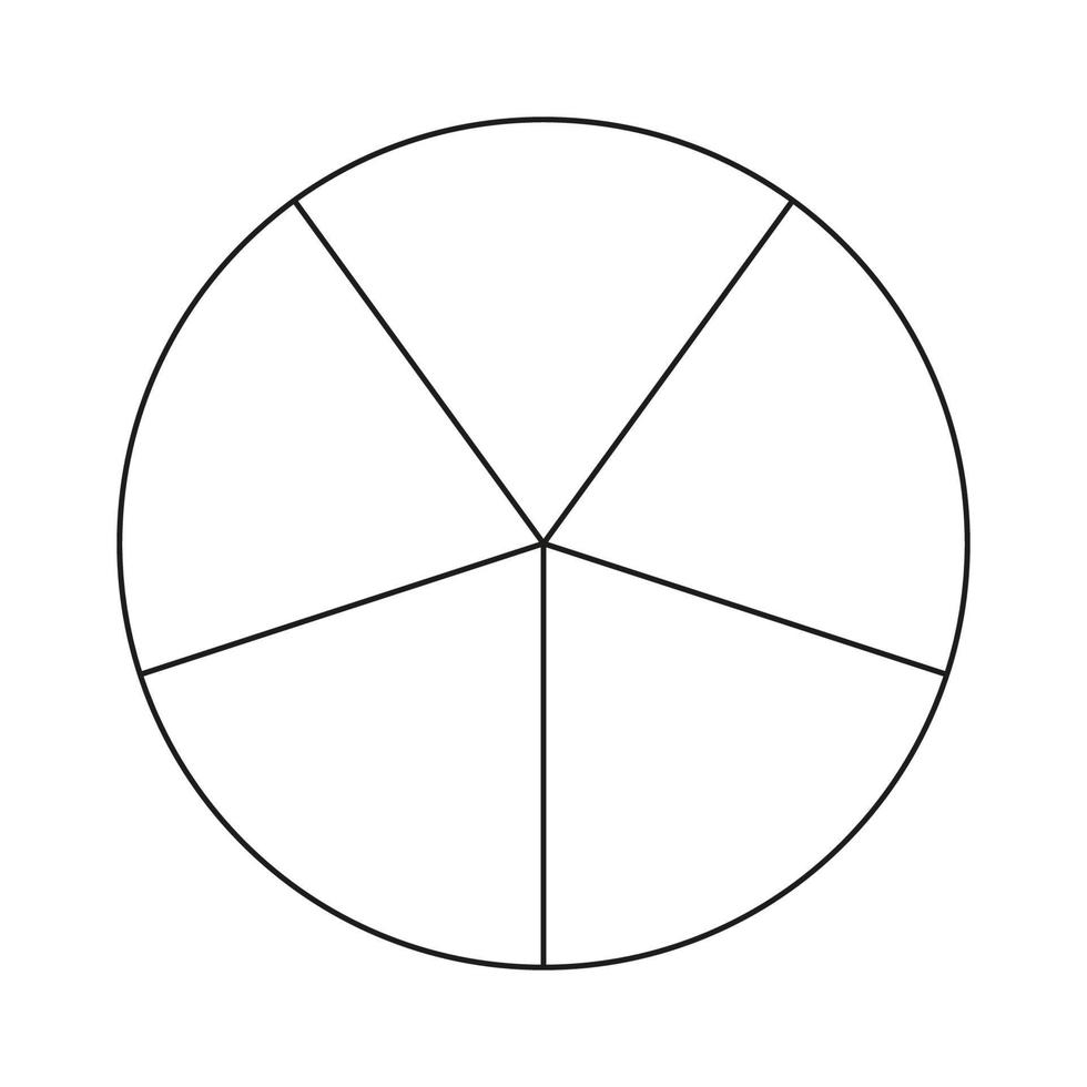 Circle divided in 5 segments. Pizza or pie round shape cut in equal slices. Outline style. Simple chart. vector