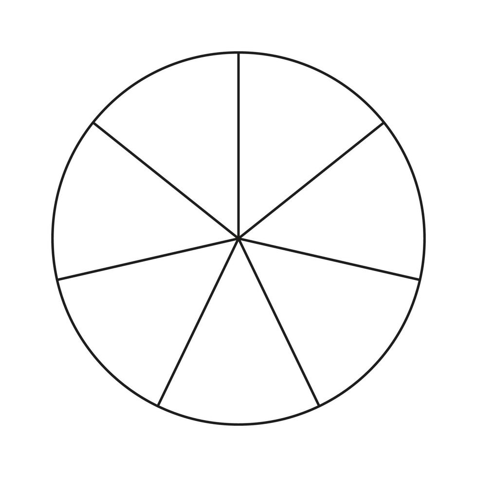 círculo dividido en 7 segmentos. pizza o pastel de forma redonda cortados en porciones iguales. estilo de contorno. gráfico sencillo. vector