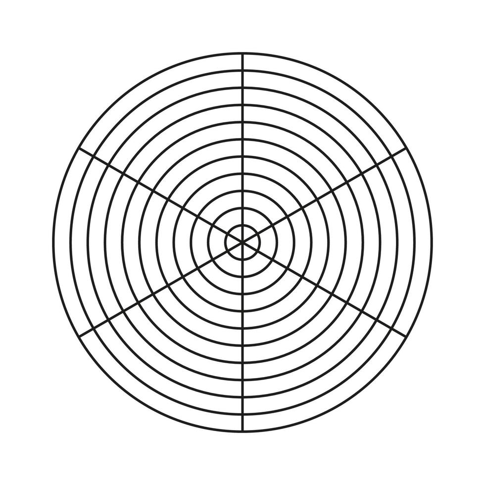 cuadrícula polar de 6 segmentos y 10 círculos concéntricos. papel cuadriculado polar en blanco. diagrama circular del equilibrio del estilo de vida. plantilla de la rueda de la vida. herramienta de entrenamiento. vector