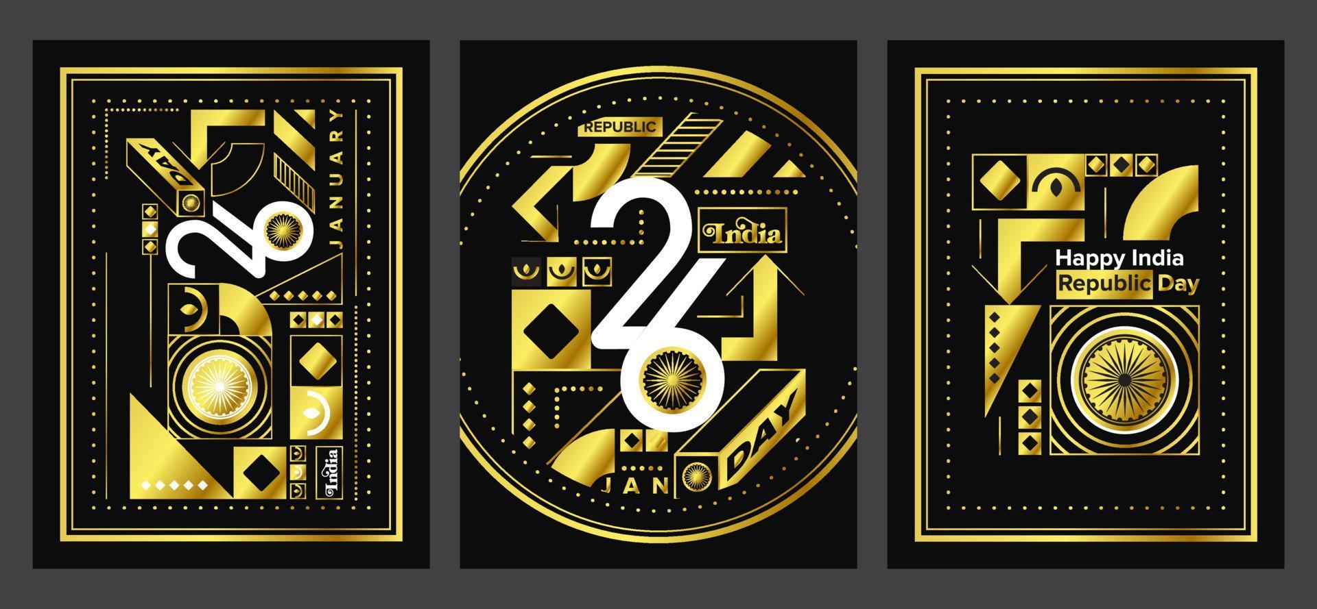 26 January India republic day geometric vector set collection. Luxury vintage gold, bohemian background, poster, banner