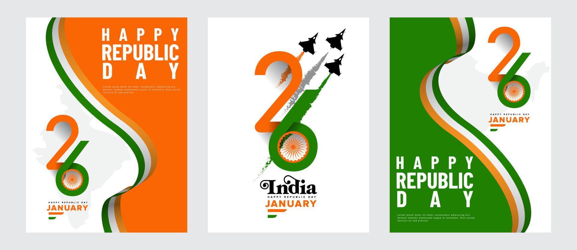 Collection of India republic 26 January day card illustration. For greeting card, background, poster, book cover, banner, post design. vector