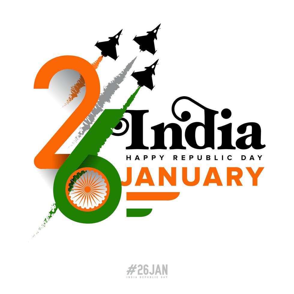 26 January India Republic Day with india flag ribbon, jet fighter plane, wheel vector illustration