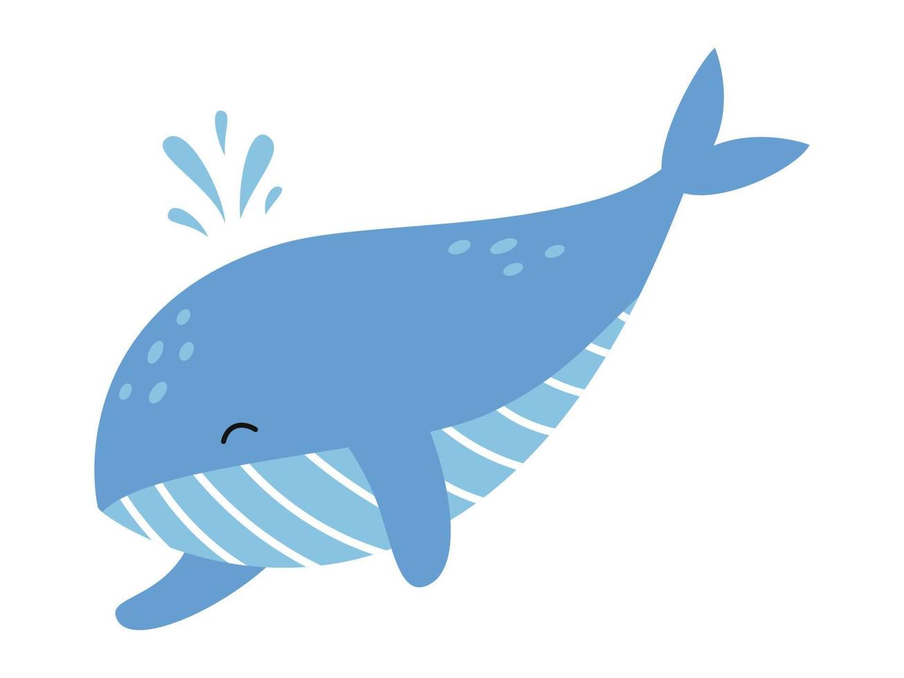 Vector cute blue whale. Marine life animal in flat design. Whale splashing water through blowhole.