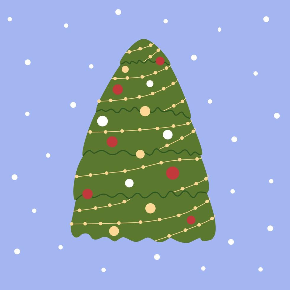 árbol de navidad y copos de nieve. Linda ilustración vectorial de abeto verde sobre fondo azul. clipart vectorial para la celebración de invierno. vector