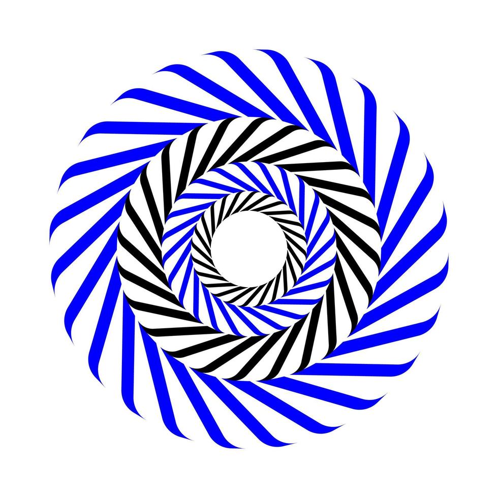 Círculo espiral op art azul y negro sobre una ilustración de vector de fondo blanco