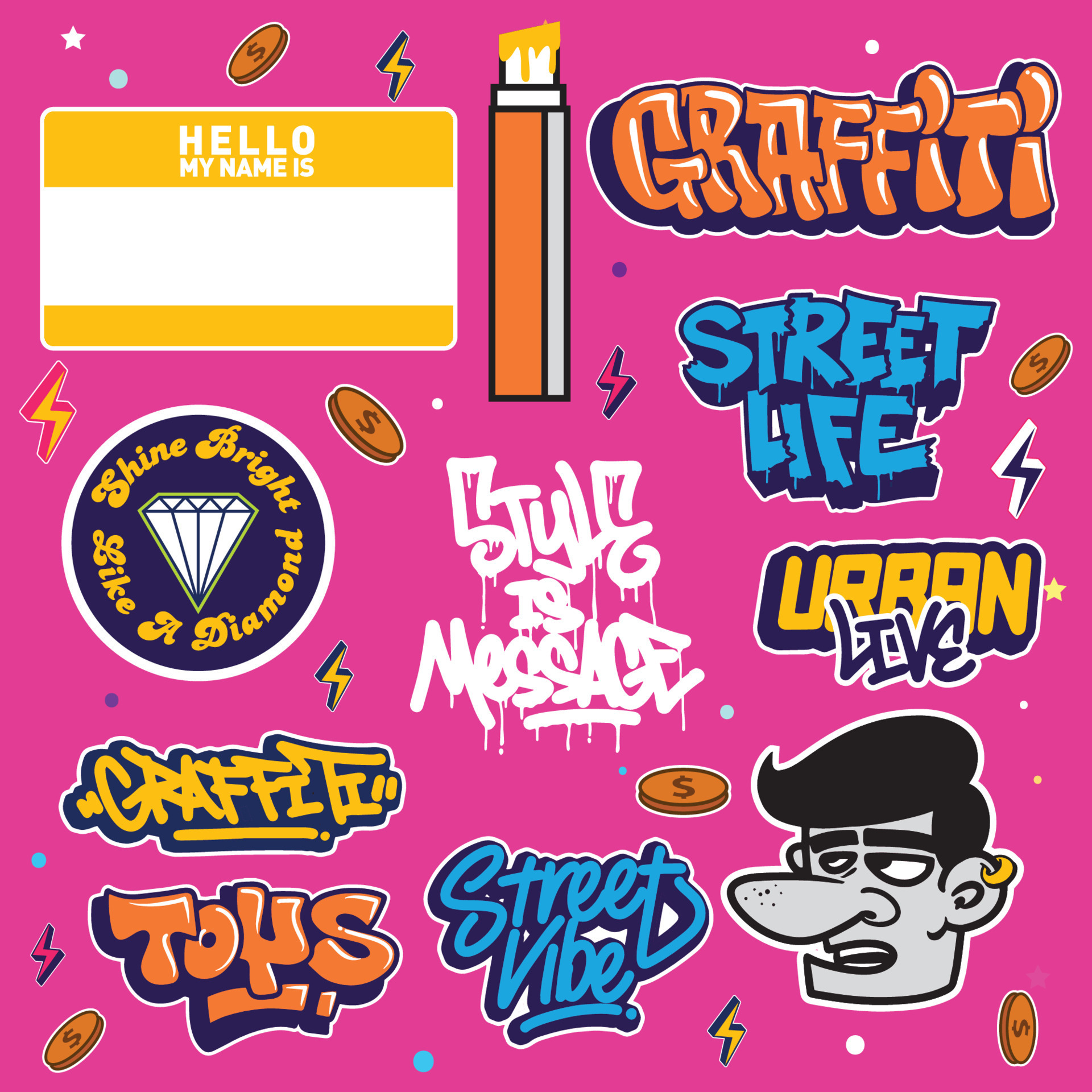A set of colorful or vibrant graffiti art stickers. Street art theme