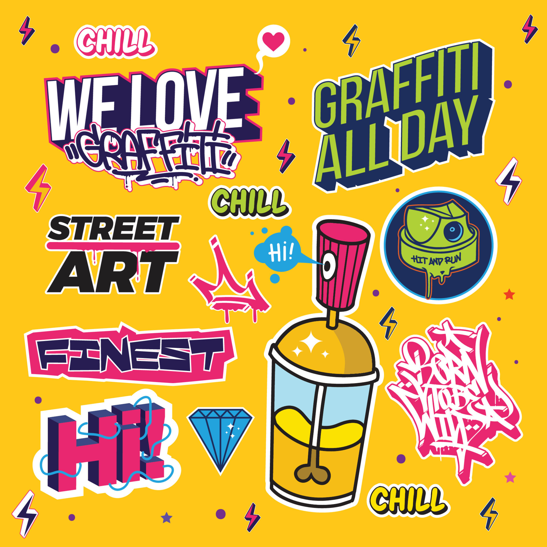 A set of colorful or vibrant graffiti art stickers. Street art theme, urban  style for T-shirt design, graffiti design for wallpaper, wall art or print  art designs. 16819774 Vector Art at Vecteezy