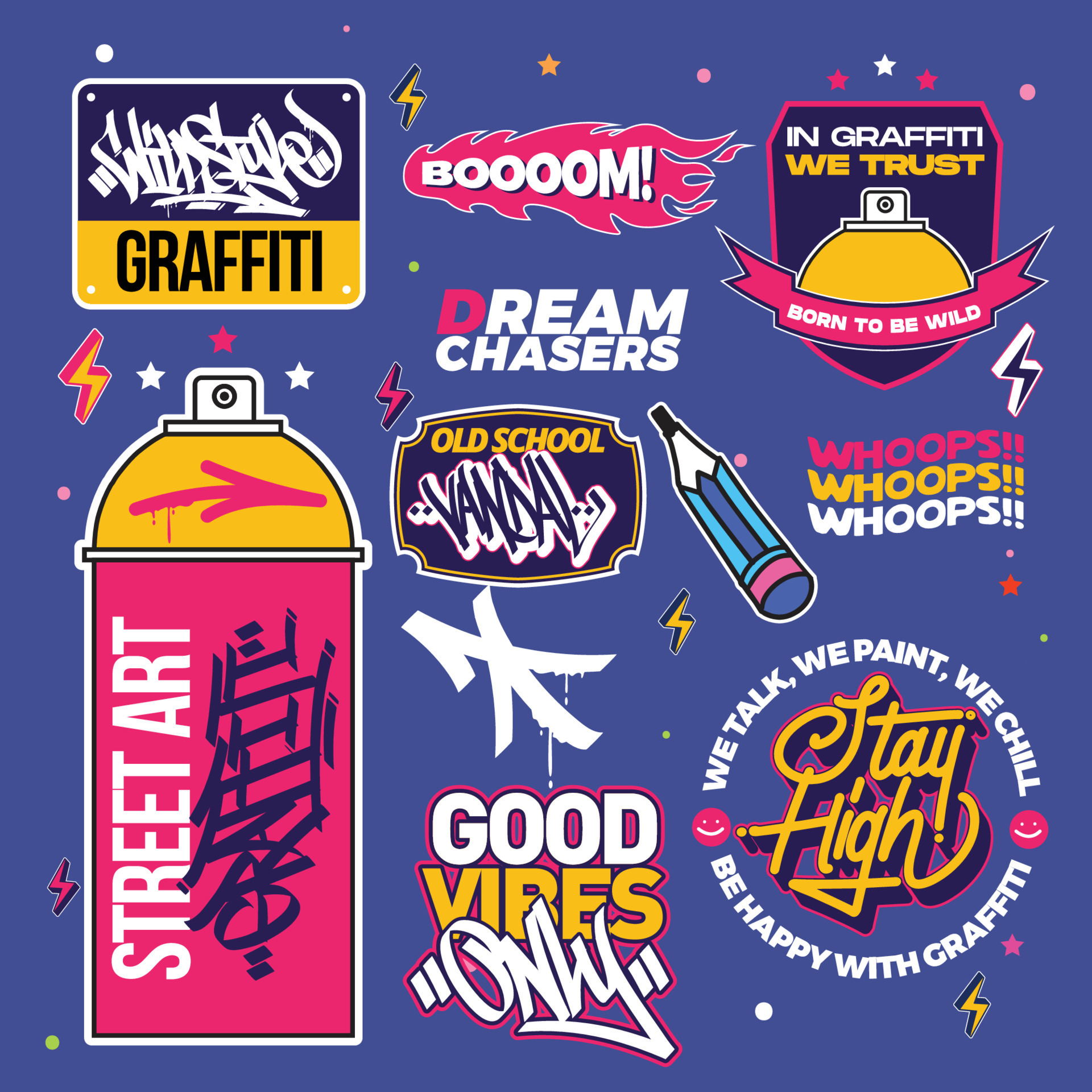 A set of colorful or vibrant graffiti art stickers. Street art theme, urban  style for T-shirt design, graffiti design for wallpaper, wall art or print  art designs. 16819776 Vector Art at Vecteezy