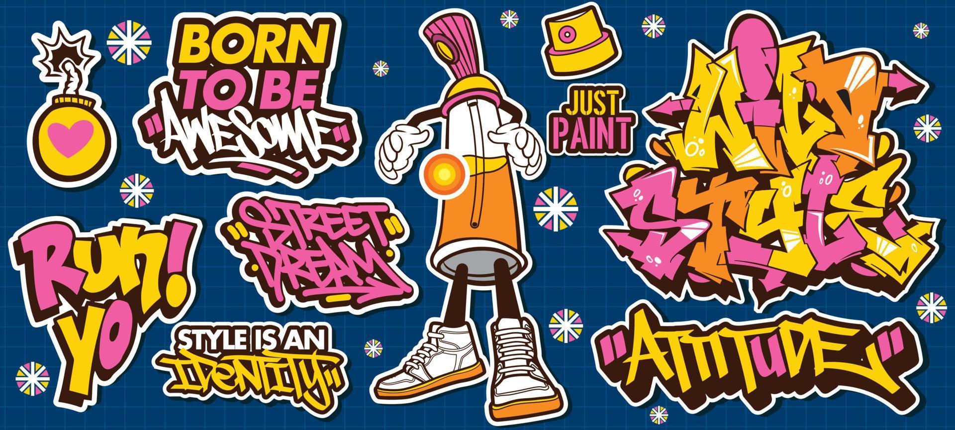 A set of colorful or vibrant graffiti art stickers. Street art theme, urban style for T-shirt design, graffiti design for wallpaper, wall art or print art designs. vector