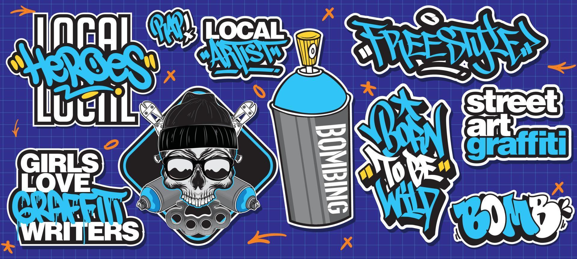 A set of colorful or vibrant graffiti art stickers. Street art theme