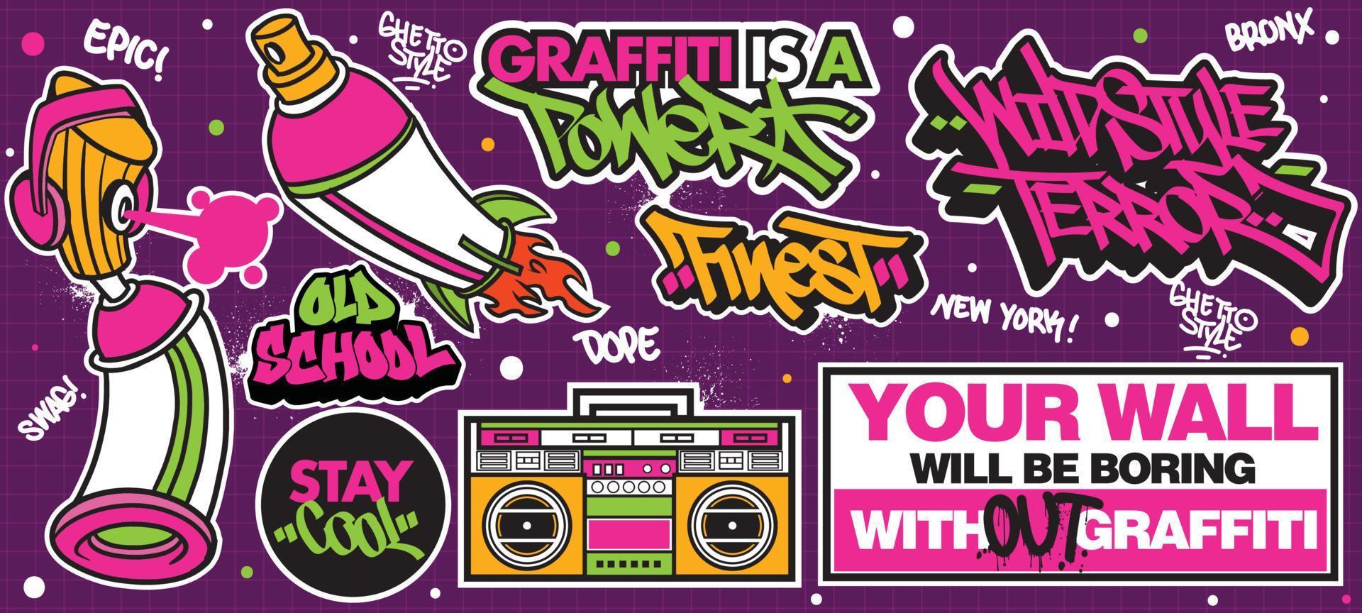 A set of colorful or vibrant graffiti art stickers. Street art theme, urban style for T-shirt design, graffiti design for wallpaper, wall art or print art designs. vector