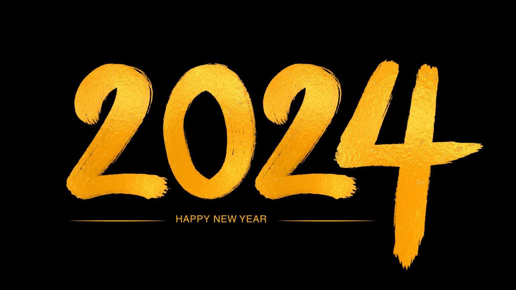 feliz año nuevo 2024 números dorados caligrafía manuscrita, ilustración de vector de año 2024, celebración de año nuevo, diseño de número de oro 2024 sobre fondo negro, vector de texto de letras tipográficas