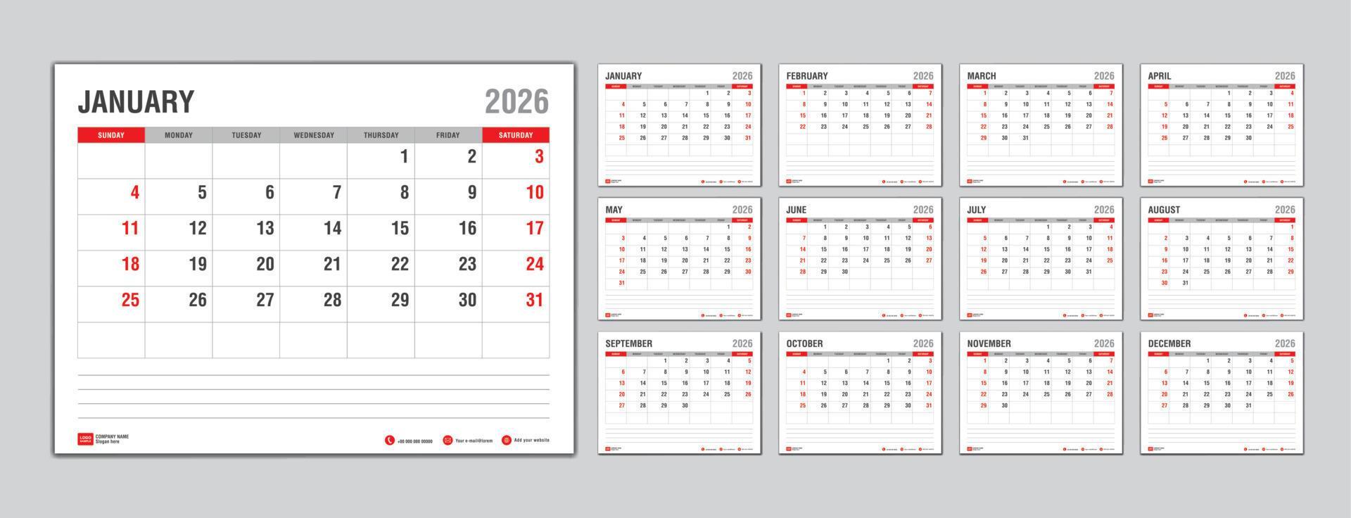 Monthly calendar template for 2026 year, Week Starts on sunday, Planner
