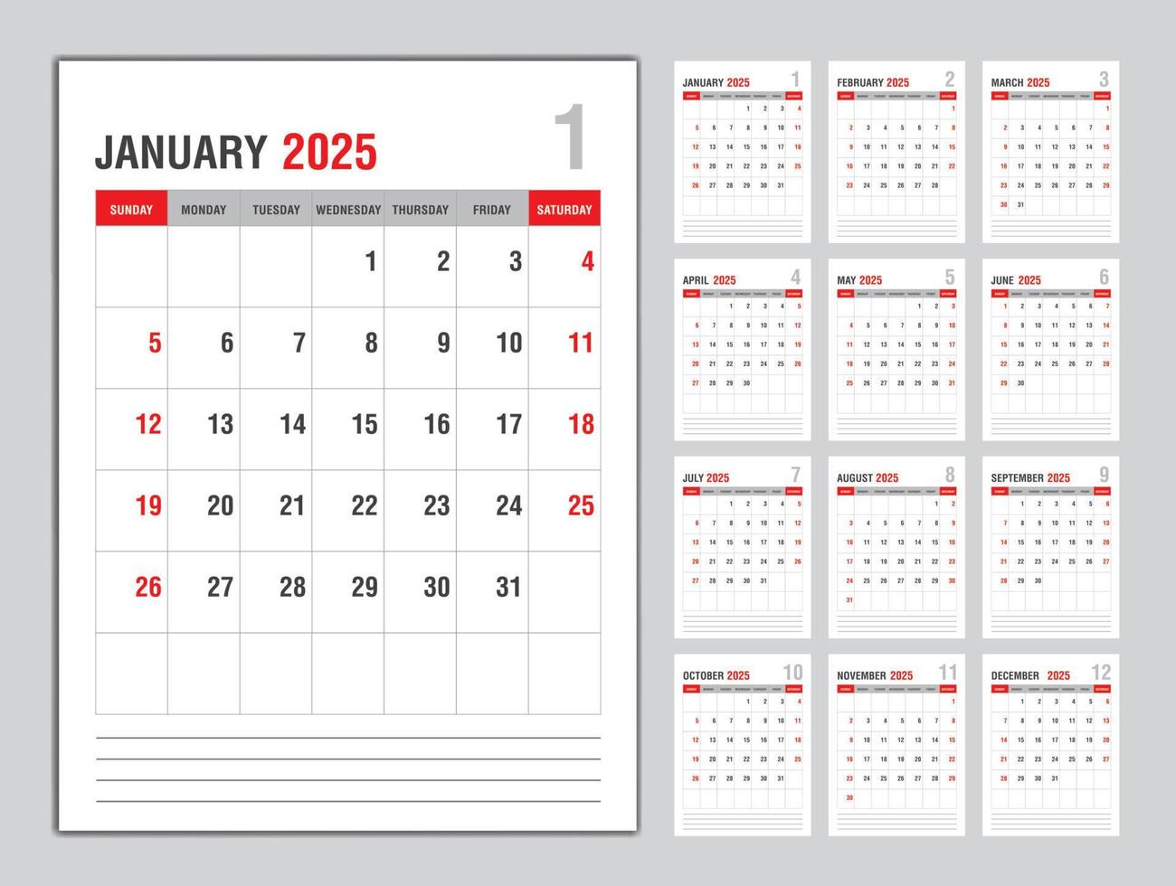 Monthly calendar template for 2025 year, Week Starts on sunday, Planner
