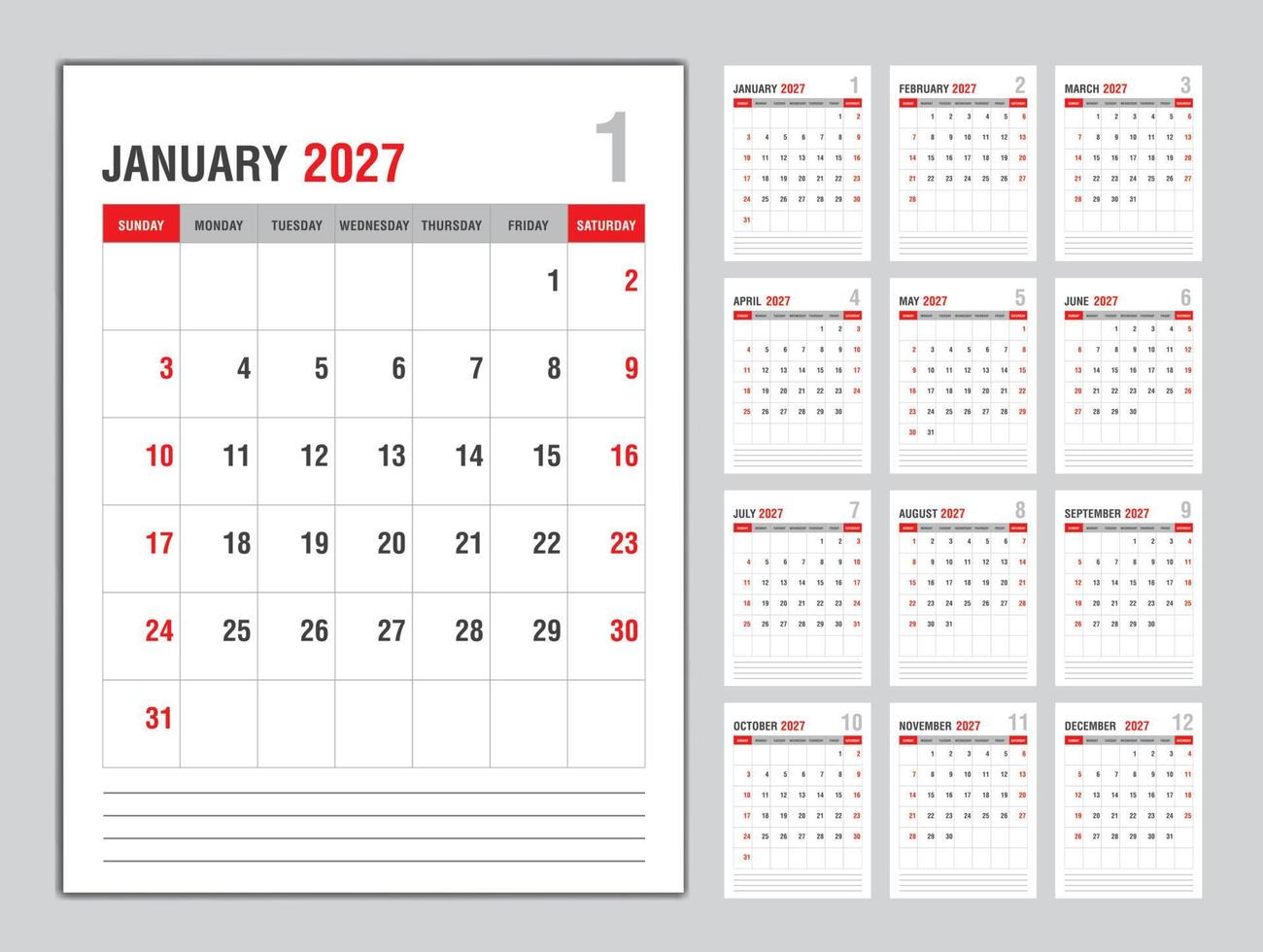 Monthly calendar template for 2027 year, Week Starts on sunday, Planner