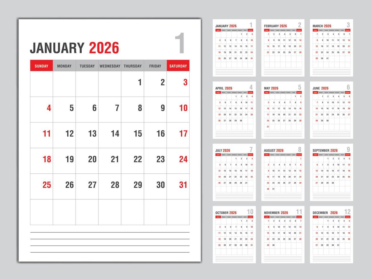 Monthly calendar template for 2026 year, Week Starts on sunday, Planner 2026 year, Wall calendar in a minimalist style, desk calendar 2026 template vertical layout, Business template Vector