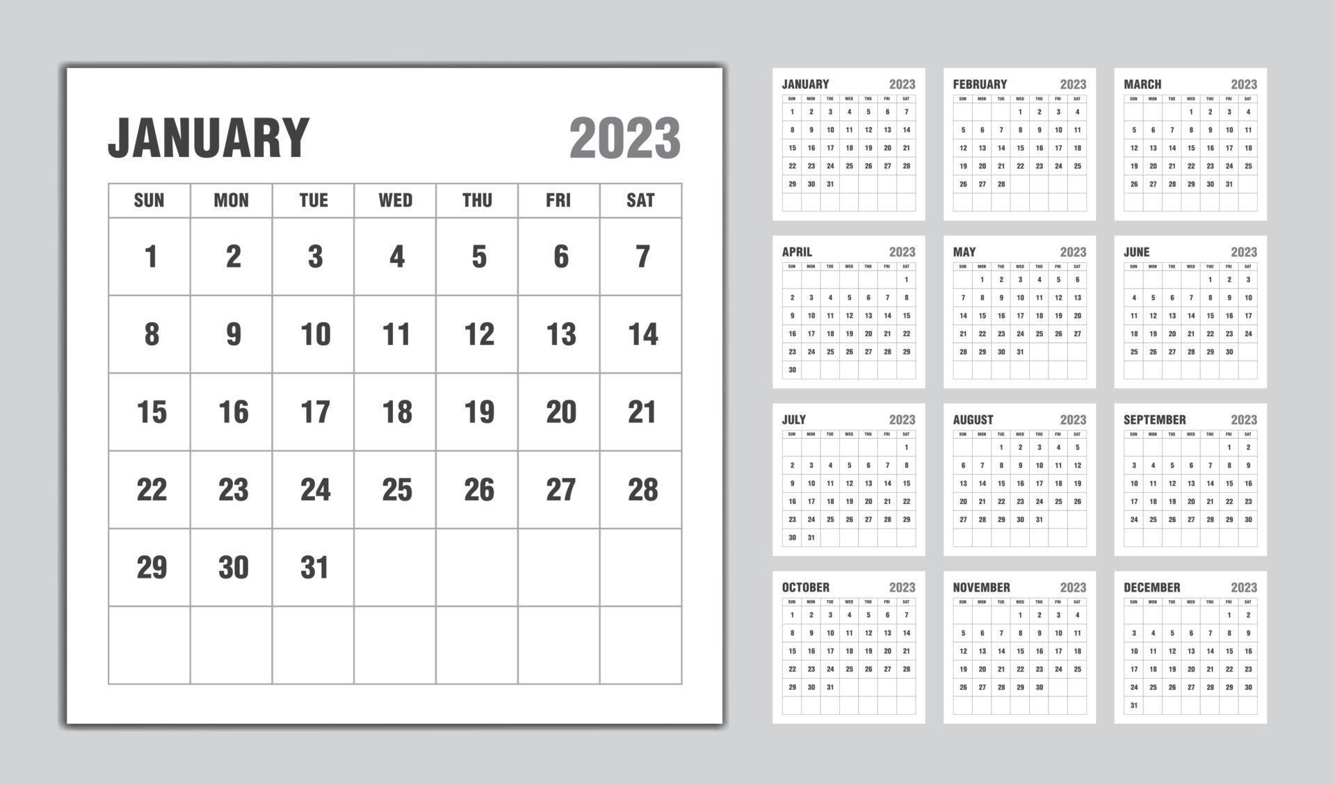Calendar 2023 year black design, Monthly calendar template for 2023 year, Week Starts on sunday