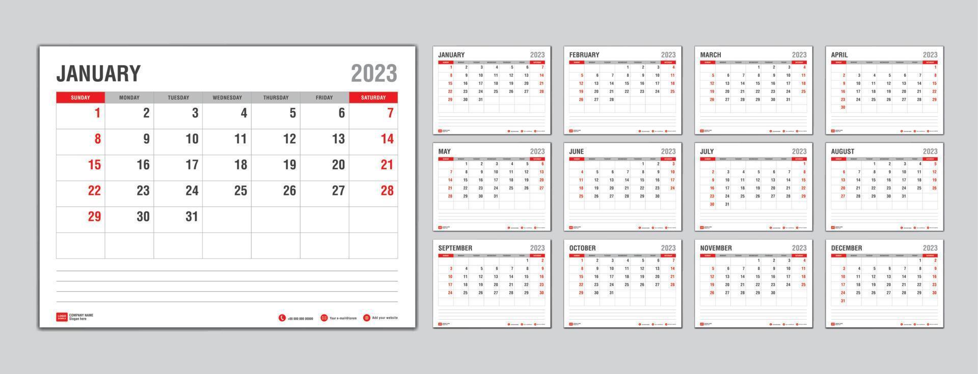 Monthly calendar template for 2023 year, Week Starts on sunday, Planner 2023 year, Wall calendar in a minimalist style, desk calendar 2023 template, New Year Calendar Design, Business template Vector