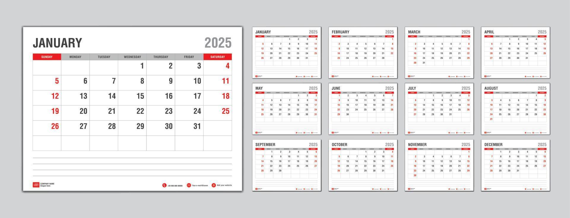 Monthly calendar template for 2025 year, Week Starts on sunday, Planner 2025 year, Wall calendar in a minimalist style, desk calendar 2025 template, New Year Calendar Design, Business template Vector