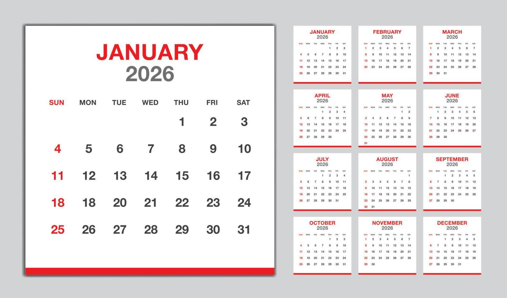 calendario 2026 año diseño rojo, plantilla de calendario mensual para el año 2026, la semana comienza el domingo, plantilla de calendario de pared minimalista 2026, planificador, vector de plantilla de negocio