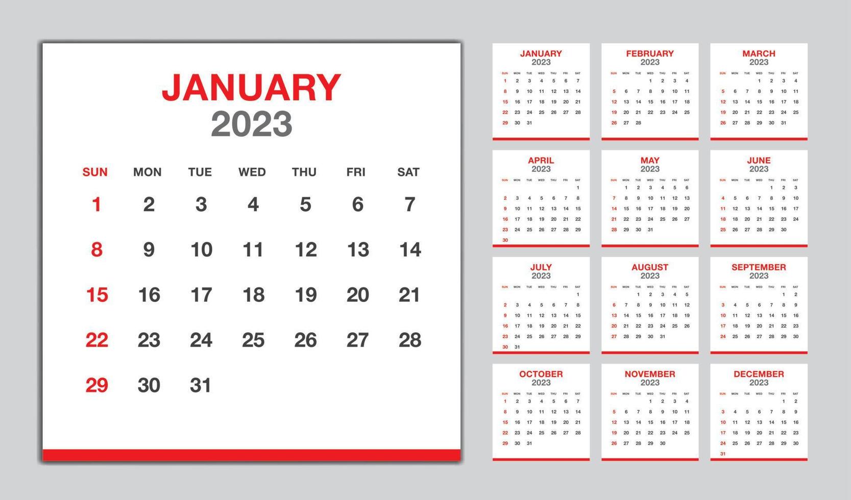 calendario 2023 año diseño rojo, plantilla de calendario mensual para el año 2023, la semana comienza el domingo, plantilla de calendario de pared minimalista 2023, planificador, vector de plantilla de negocio