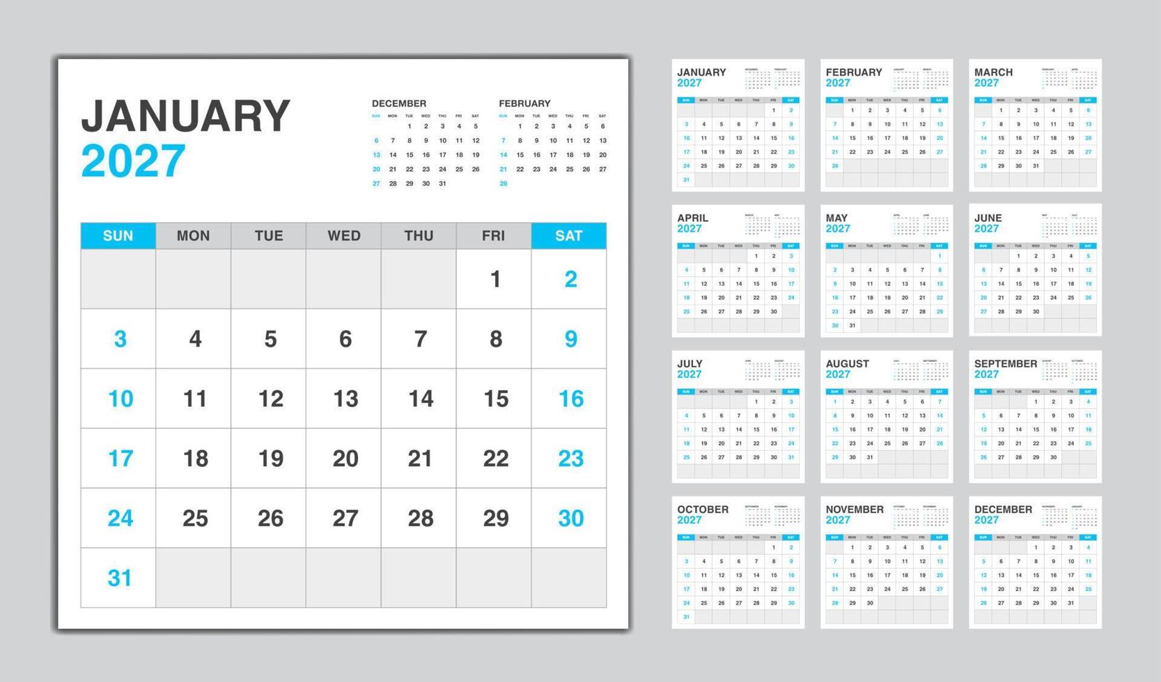 Calendar 2026 year blue design, Monthly calendar template for 2026 year, Week Starts on sunday, Minimalist Wall calendar 2026 template, planner, Business template Vector