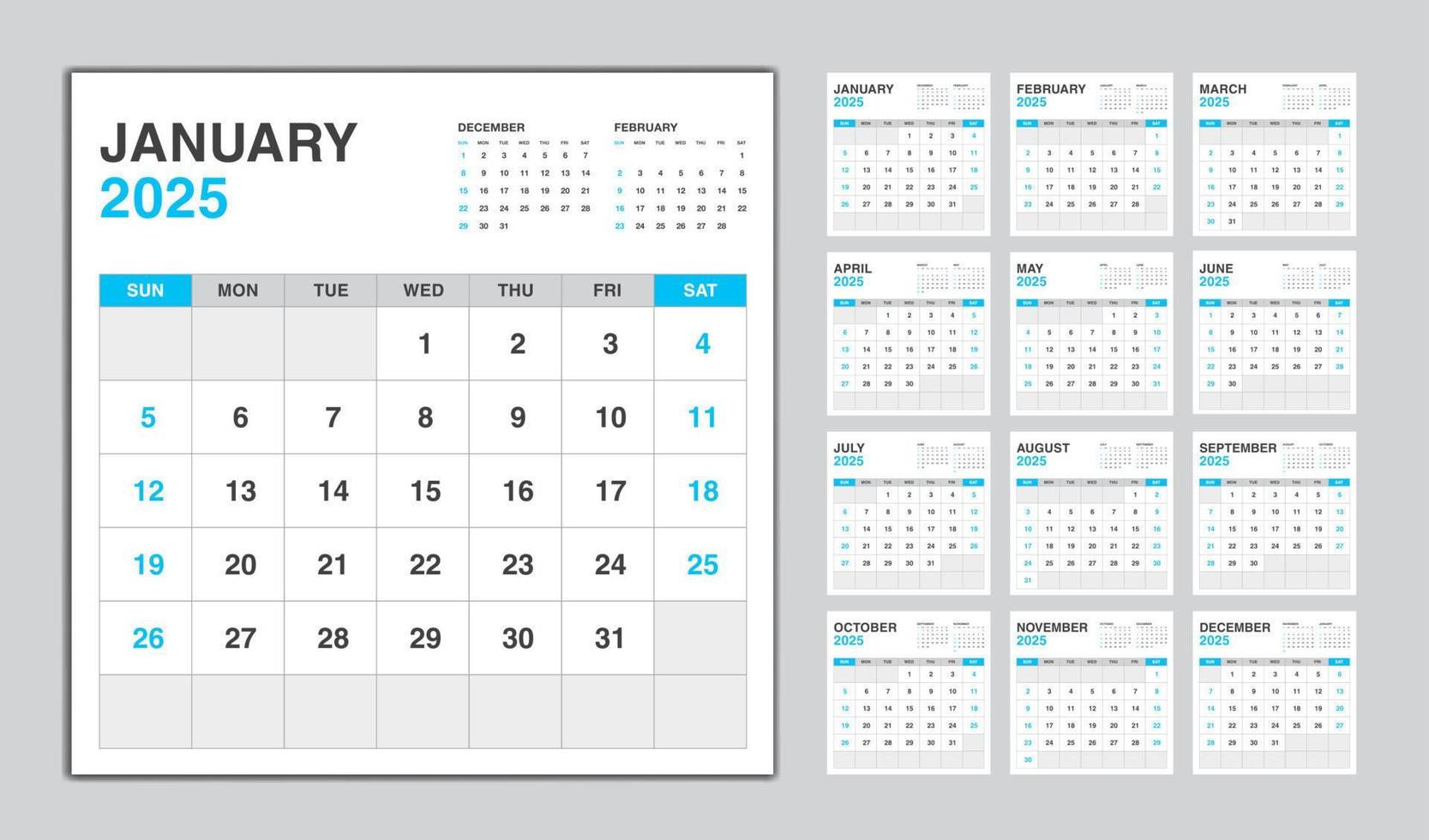 calendario 2025 año diseño azul, plantilla de calendario mensual para el año 2025, la semana comienza el domingo, plantilla de calendario de pared minimalista 2025, planificador, vector de plantilla de negocio