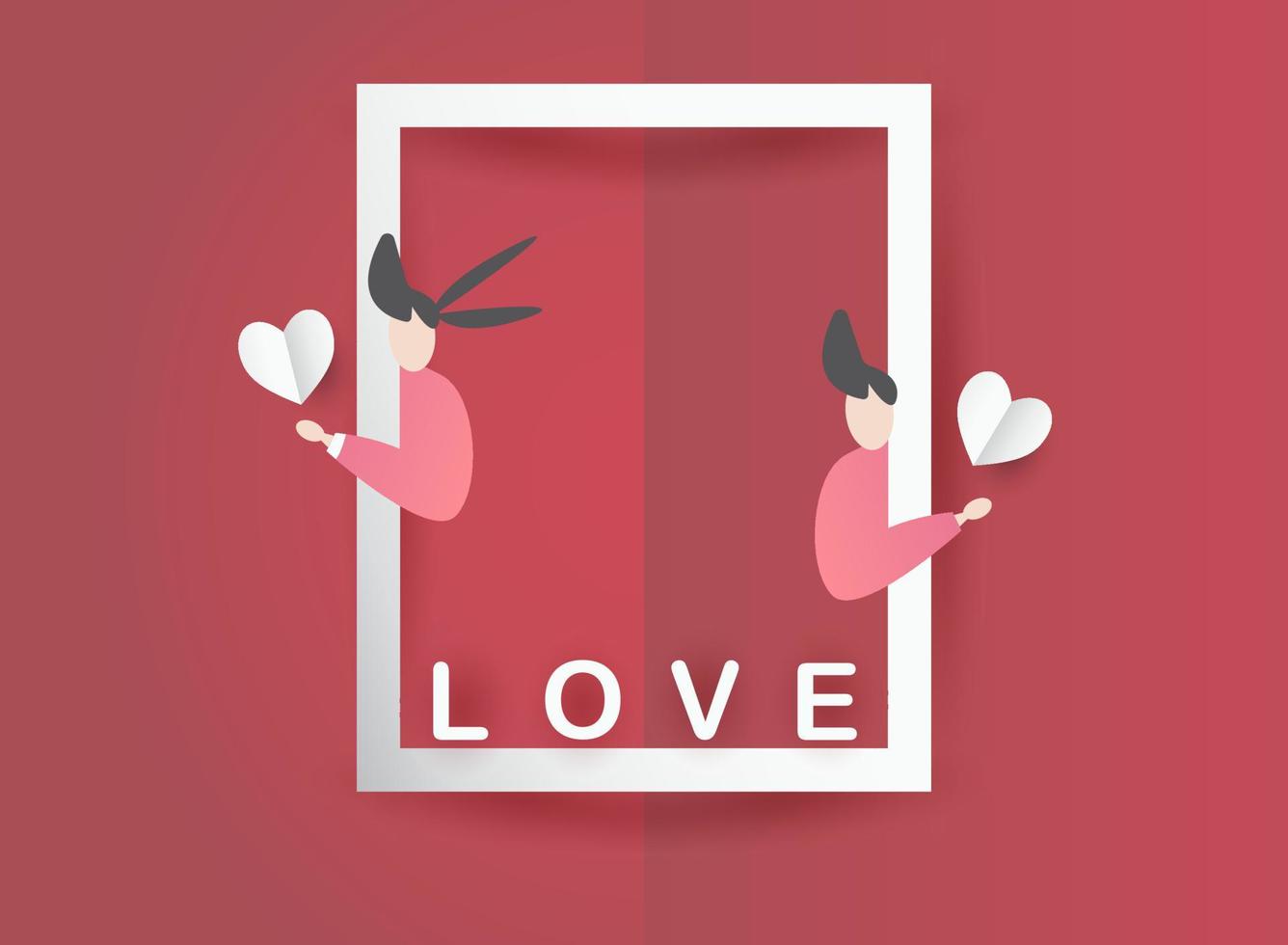 cute love paper art valentine day. with lovely valentine boy and girl fly heart, paper cut on red background, white sky, clouds, origami style vector. paper for valentine card, gift, poster, postcard. vector