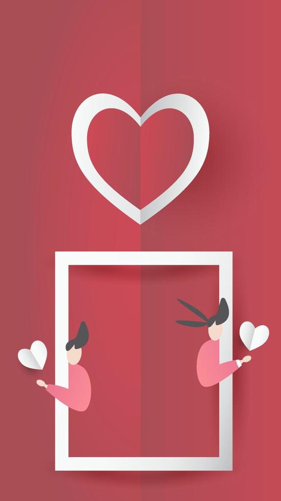 lindo amor papel arte día de san valentín. con encantador corazón volador de niño y niña de San Valentín, corte de papel sobre fondo rojo, cielo blanco, nubes, vector de estilo origami. papel para tarjeta de San Valentín, regalo, afiche, postal.