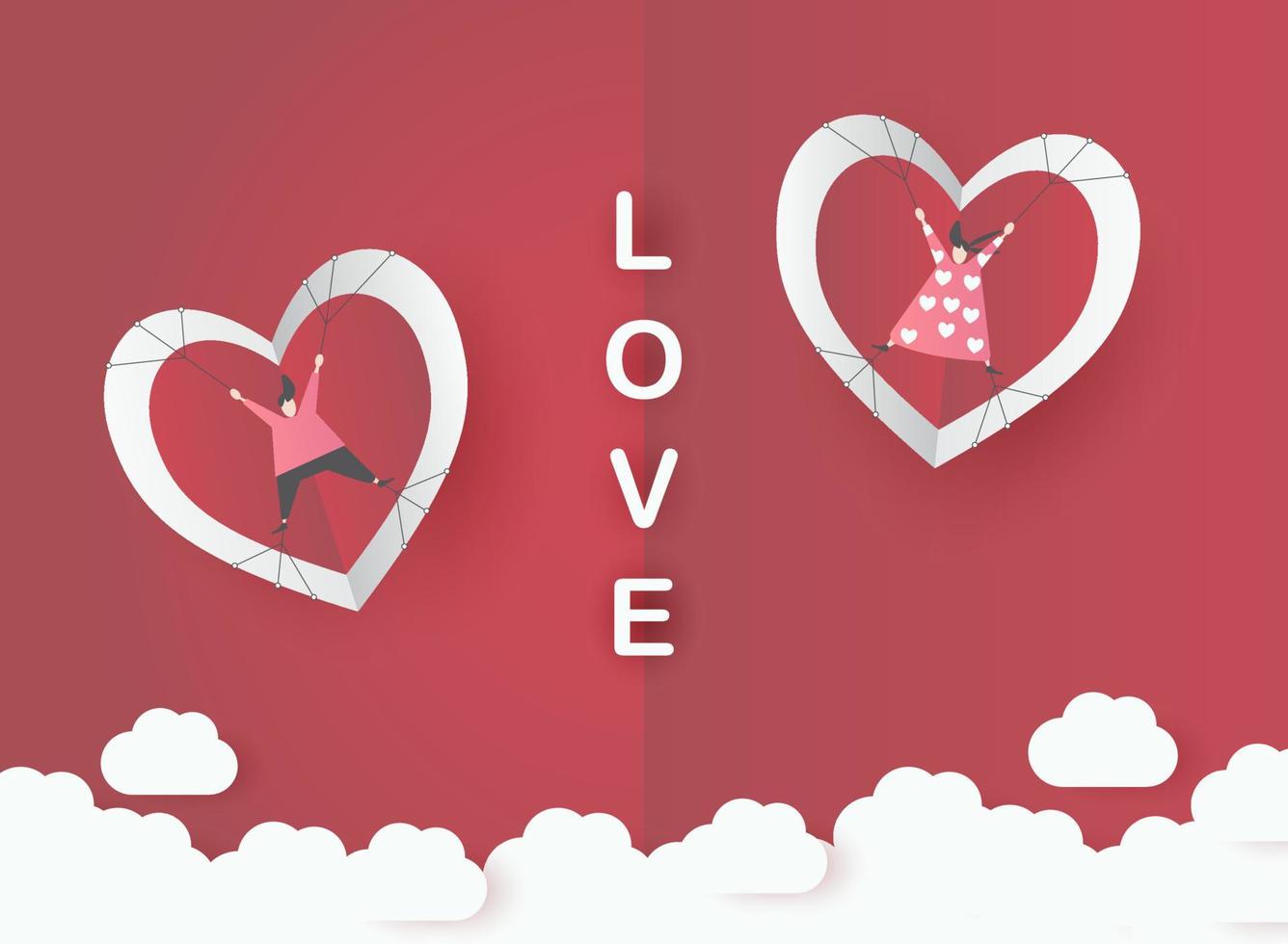 cute love paper art valentine day. with lovely valentine boy and girl fly heart, paper cut on red background, white sky, clouds, origami style vector. paper for valentine card, gift, poster, postcard. vector