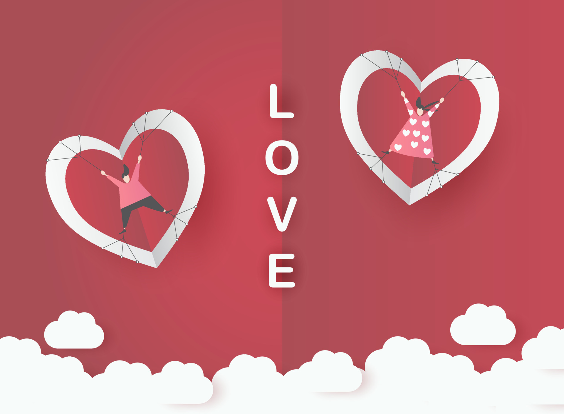 cute love paper art valentine day. with lovely valentine boy and girl fly  heart, paper cut on red background, white sky, clouds, origami style  vector. paper for valentine card, gift, poster, postcard.