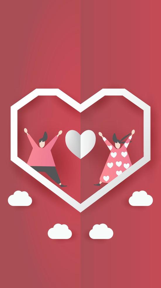 lindo amor papel arte día de san valentín. con un encantador corazón volador de niño y niña de San Valentín, corte de papel sobre fondo rojo, cielo blanco, nubes, vector de estilo origami. papel para tarjeta de San Valentín, regalo, afiche, postal.