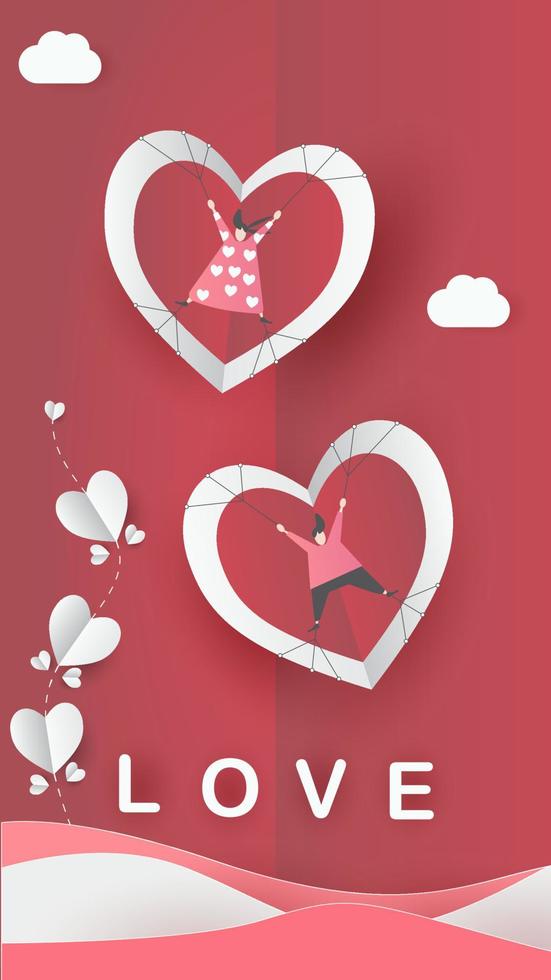 cute love paper art valentine day. with lovely valentine boy and girl fly heart, paper cut on red background, white sky, clouds, origami style vector. paper for valentine card, gift, poster, postcard. vector