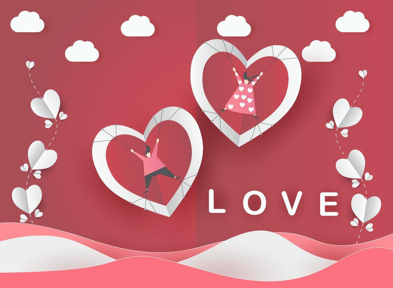 cute love paper art valentine day. with lovely valentine boy and girl fly heart, paper cut on red background, white sky, clouds, origami style vector. paper for valentine card, gift, poster, postcard. vector