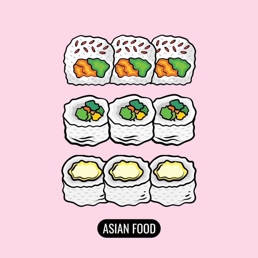 diseño de ilustración de comida asiática surtido de sushi. vector