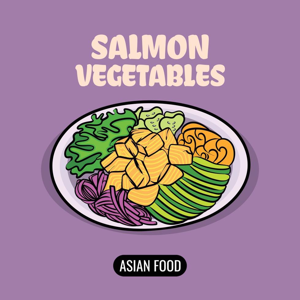 Ilustración de vector de línea abstracta de verduras y salmón pescado