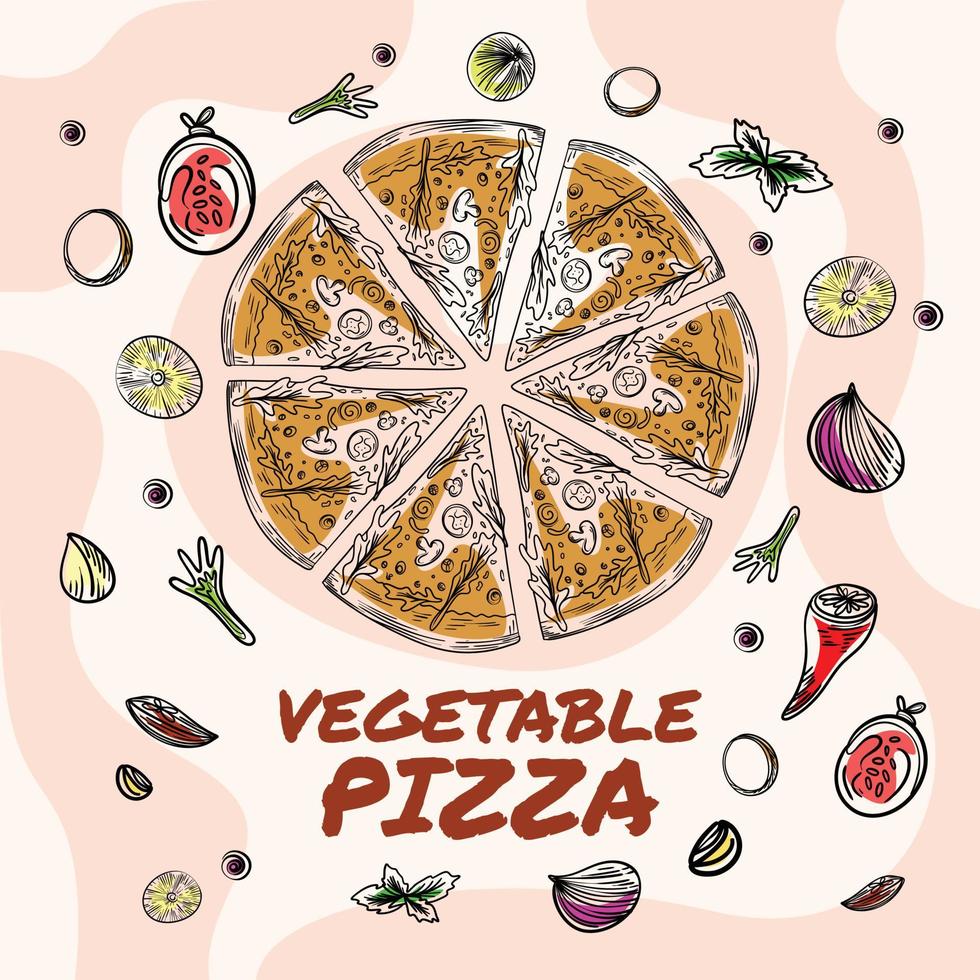 abstract line sketch hand drawn illustration, vegetable pizza menu vector