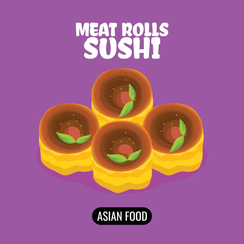 rollos de huevo de carne de sushi de comida asiática plana de vector
