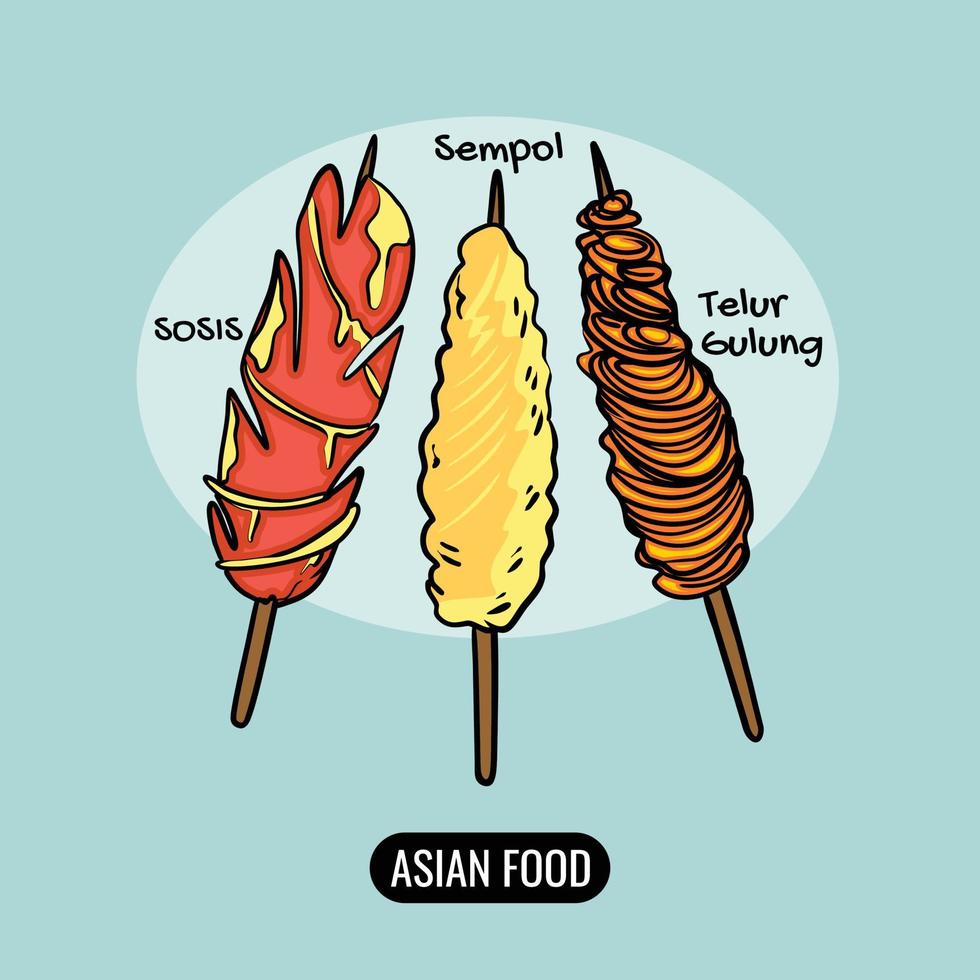 salchicha satay bocadillos dibujados a mano forma vectorial. comida asiática de primera vector