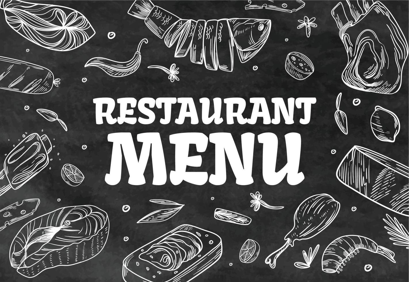 Restaurant menu sketch illustration design look effect on chalkboard. vector