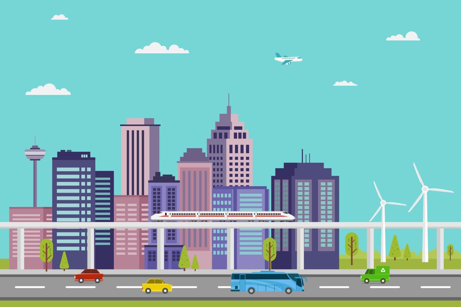 illustration of fast trains and electric cars in a smart city and eco energy vector design