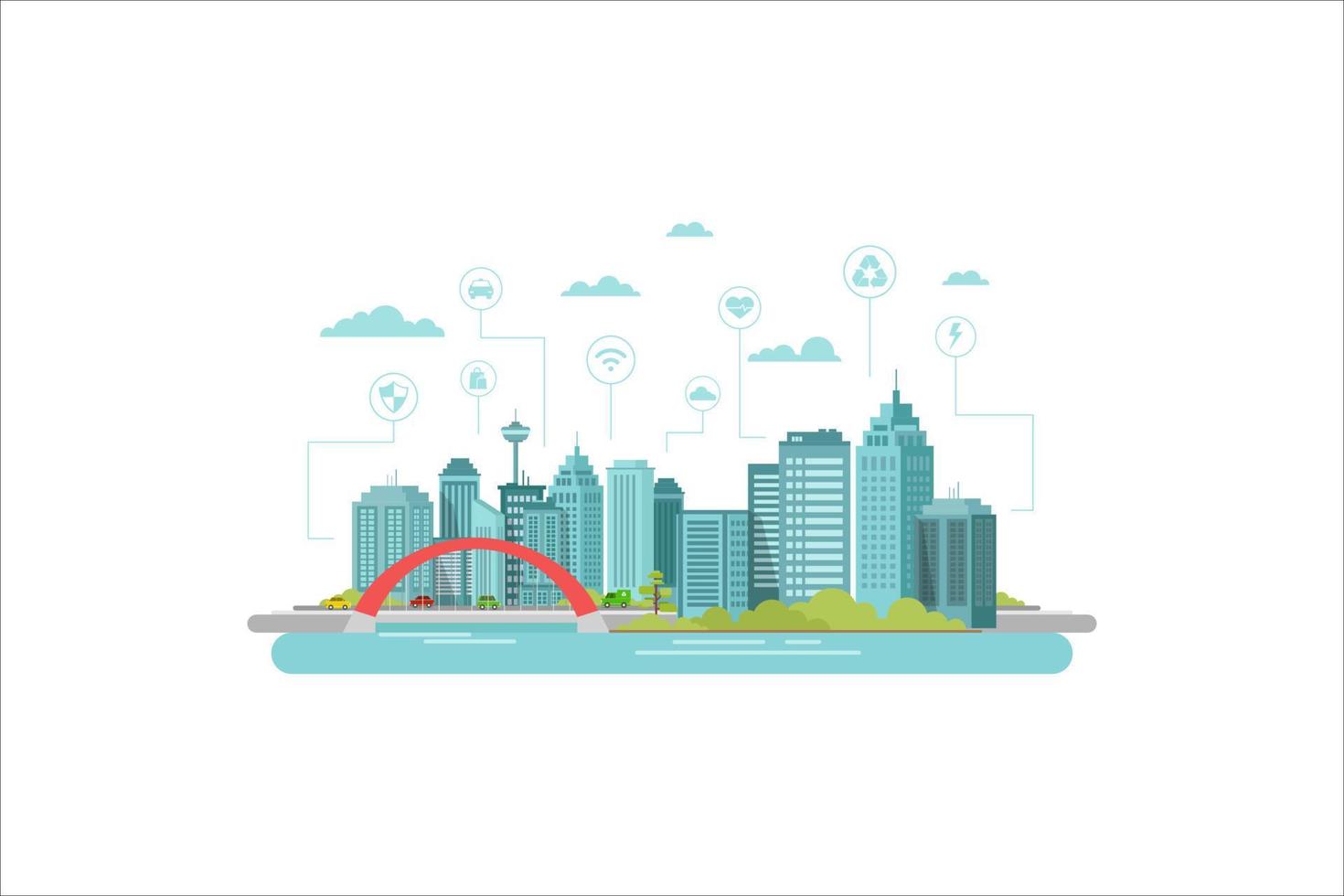 ilustración de una ciudad inteligente con un puente y un diseño plano de transporte inteligente vector