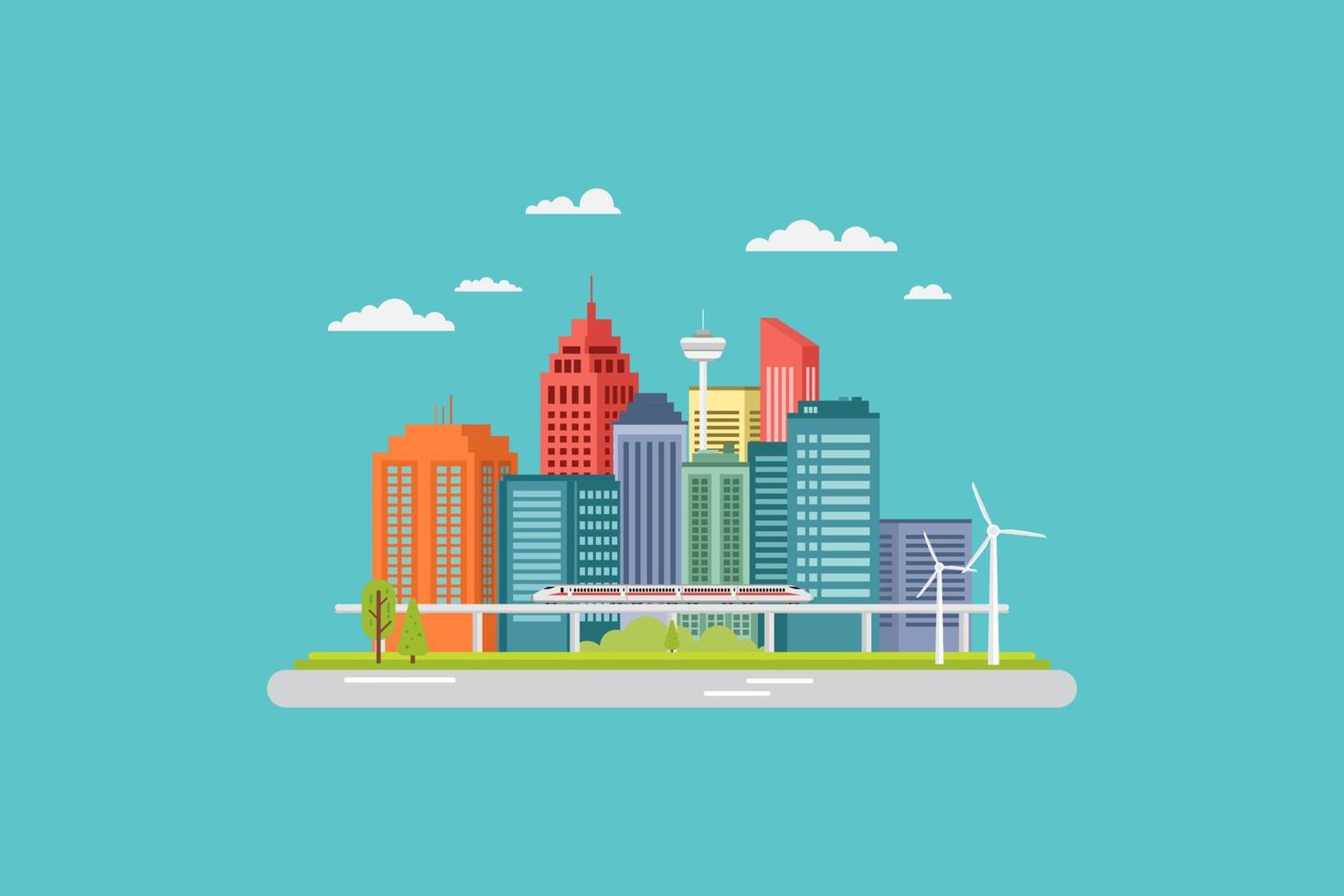 flat design modern urban city with skyscrapers and smart transportation smart city concept vector