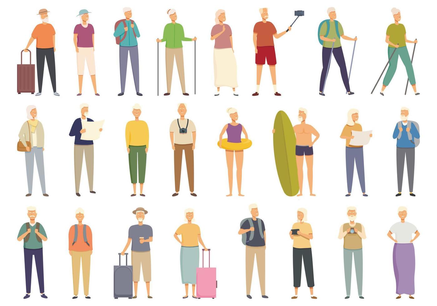 Older people travel icons set cartoon vector. Senior walk vector