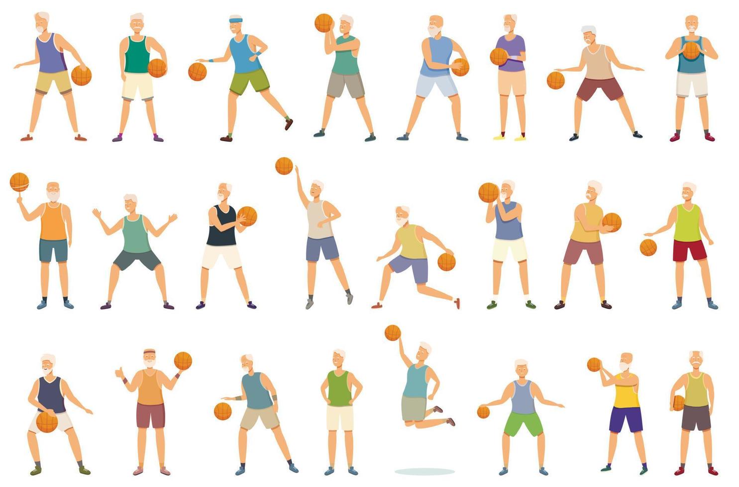 las personas mayores juegan iconos de baloncesto establecen vector de dibujos animados. viejo deporte