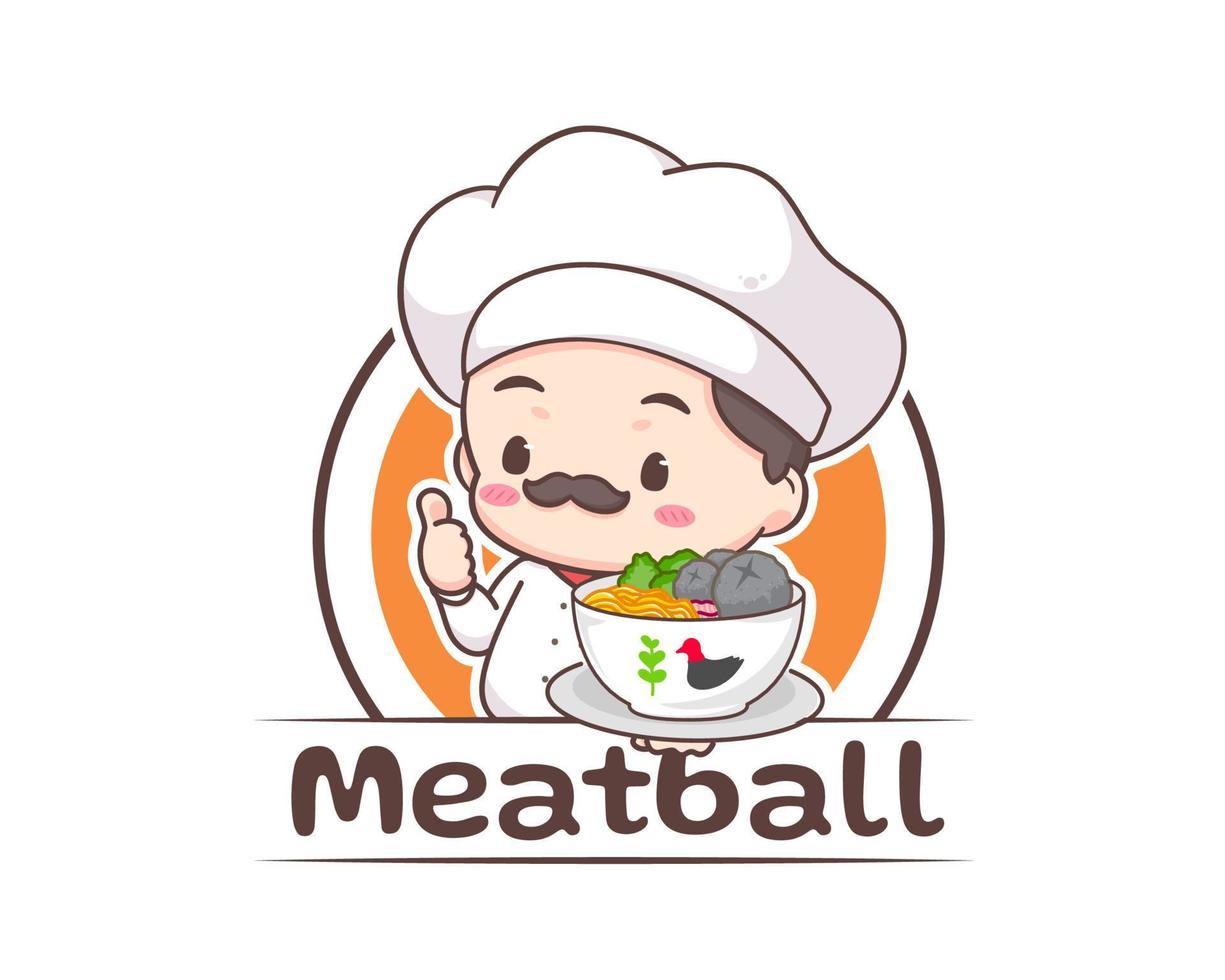 chef con un tazón de bakso o una plantilla de logotipo de albóndigas. lindo personaje de dibujos animados. comida tradicional indonesia. diseño de concepto de comida. fondo blanco aislado. ilustración de arte vectorial vector