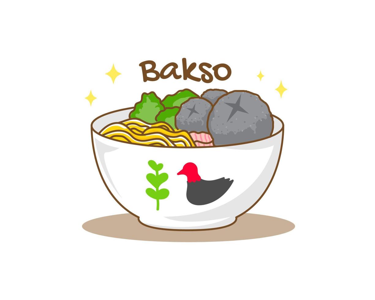 Bakso or meatball with Noodle and Vegetable logo icon. Flat cartoon style. Asian Food concept design. Indonesian traditional street food. Vector art illustration isolated white background