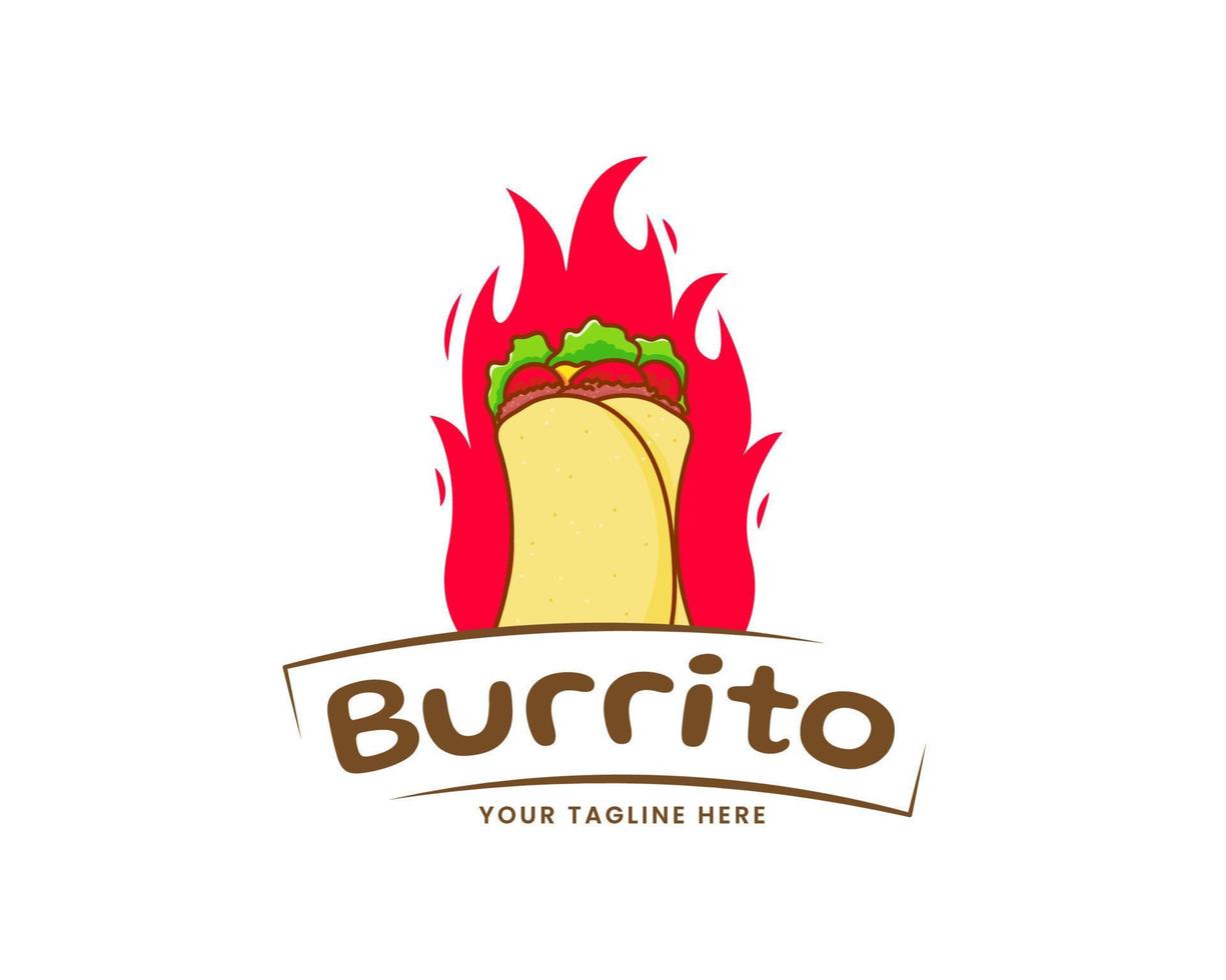 Burrito loco cartoon with flame fire. Mexican Latin American traditional street food. Flat cartoon illustration. Food logo concept design. Isolated white background vector